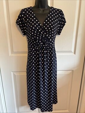 Polka Dot Midi  Maternity nursing postpartum Dress in Navy and White Med 10/12